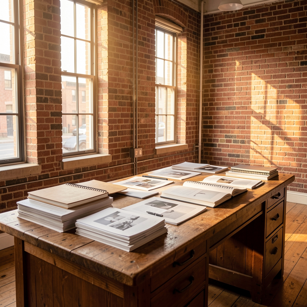 Softly lit editorial desk scene — an open research journal with handwritten margin notes, warm morning light on worn wooden surface