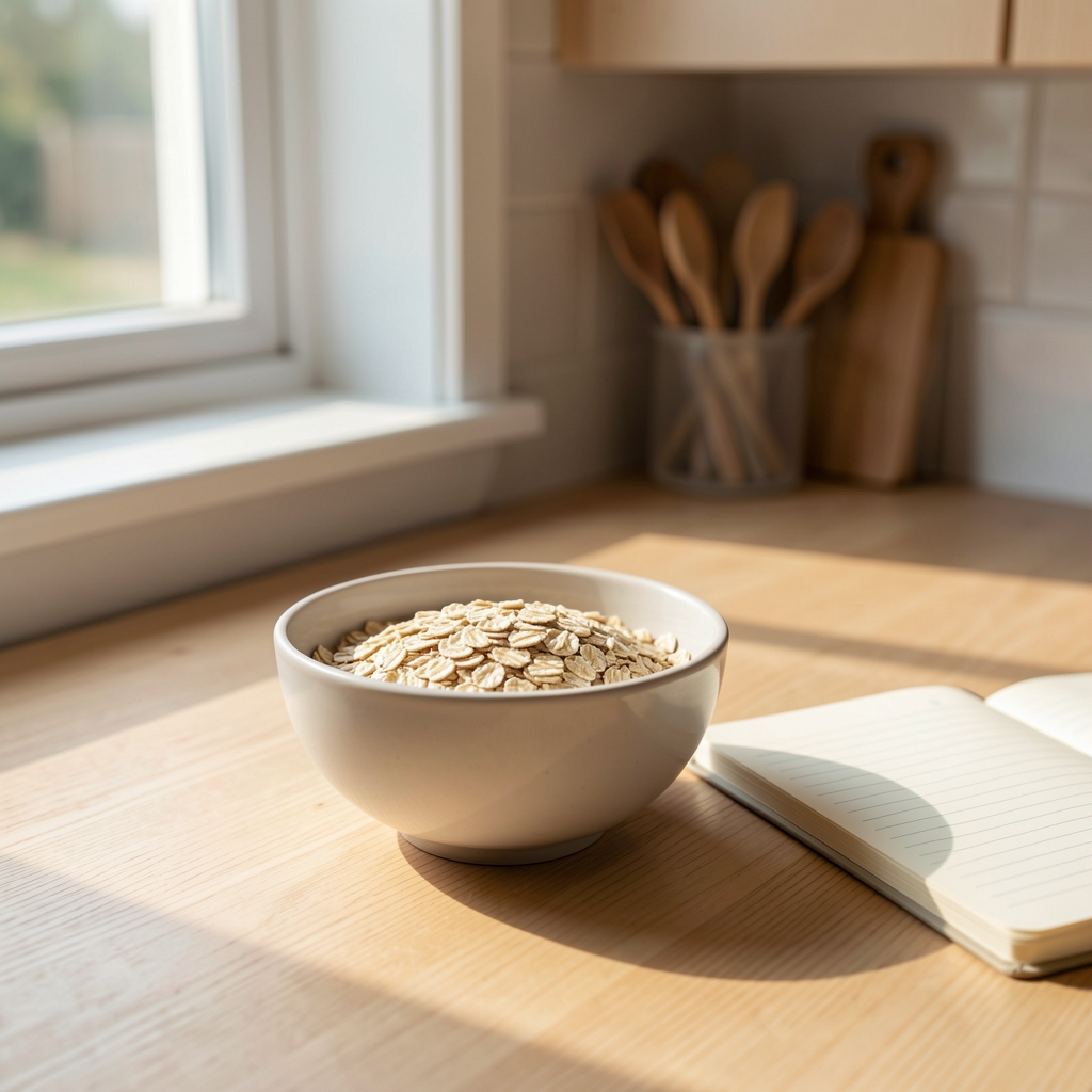 Morning kitchen scene with a single bowl of oats, natural daylight through a window, a small notebook open beside the bowl on a light wood surface