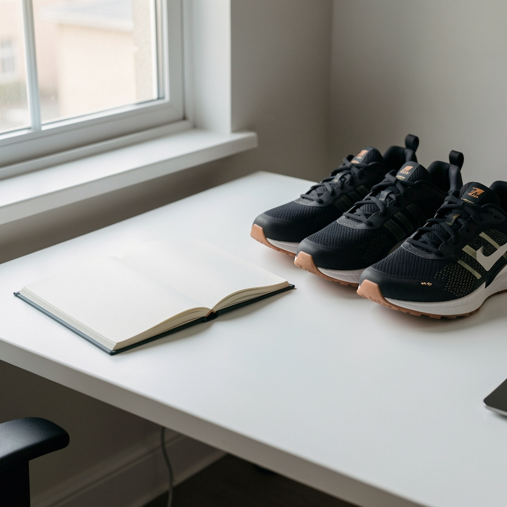 Training journal open on a desk next to a pair of trainers, early morning natural light from a nearby window, clean minimal desk surface