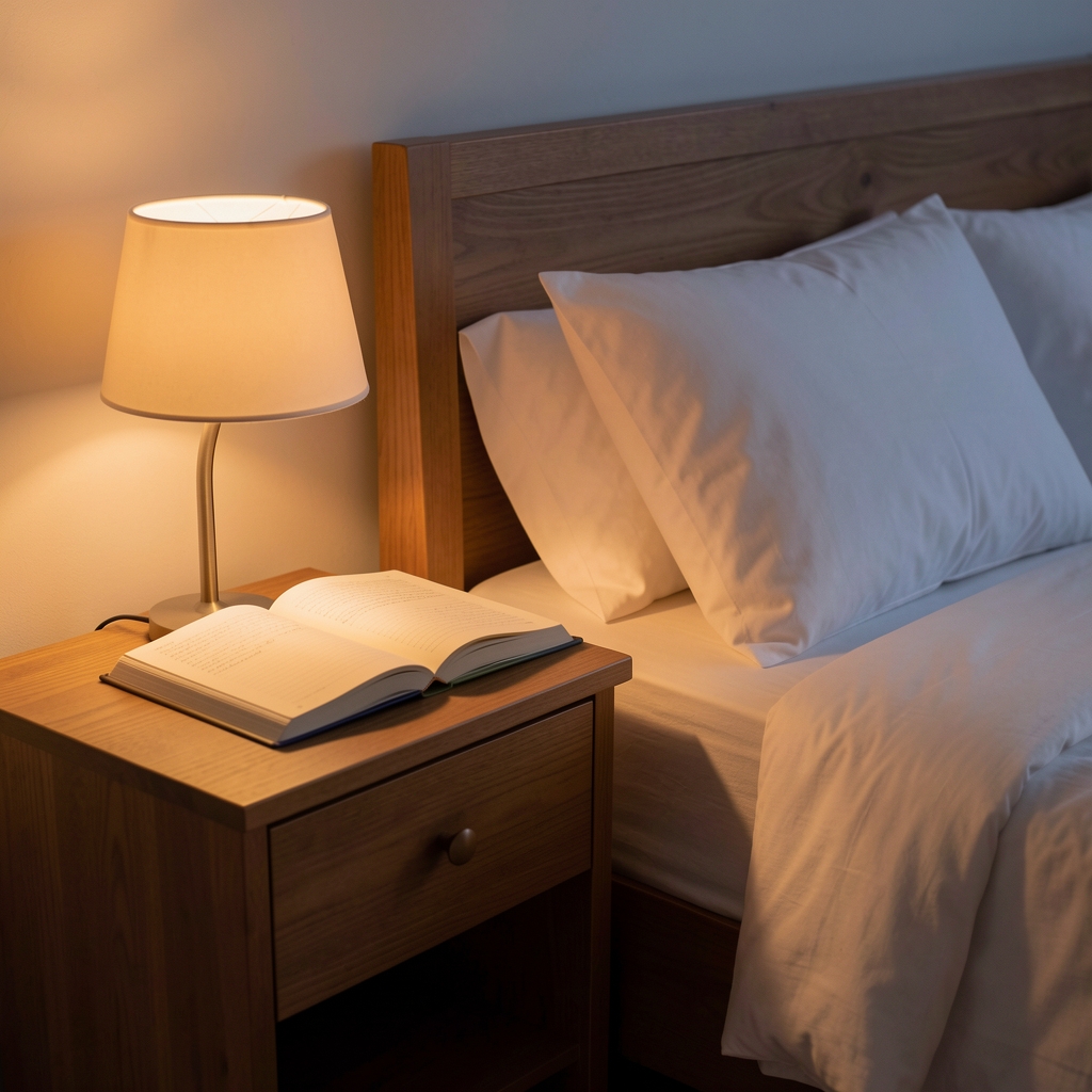 Softly lit bedroom interior at dusk, a bedside journal open on a wooden nightstand beside a low lamp casting warm amber light