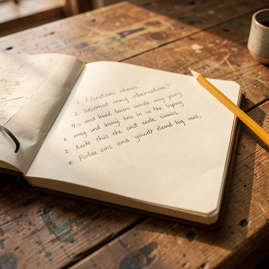 Close-up of a notebook with handwritten session observations on a worn wooden desk, warm afternoon light, pencil resting in the margin